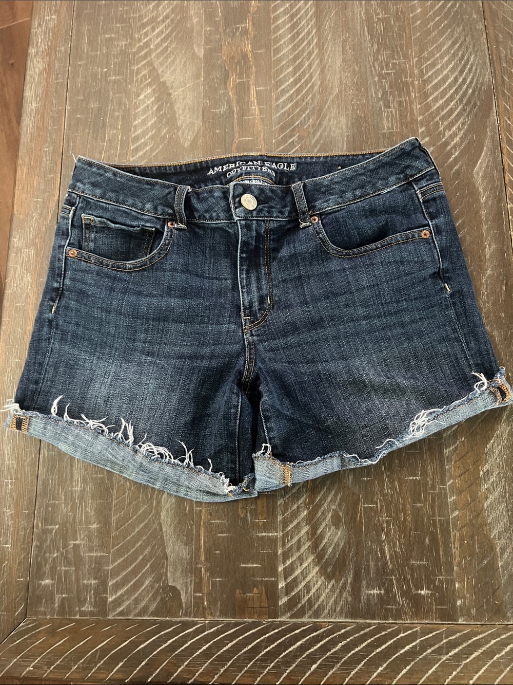 American Eagle Outfitters Dark Blue Frayed Hem Denim Shorts